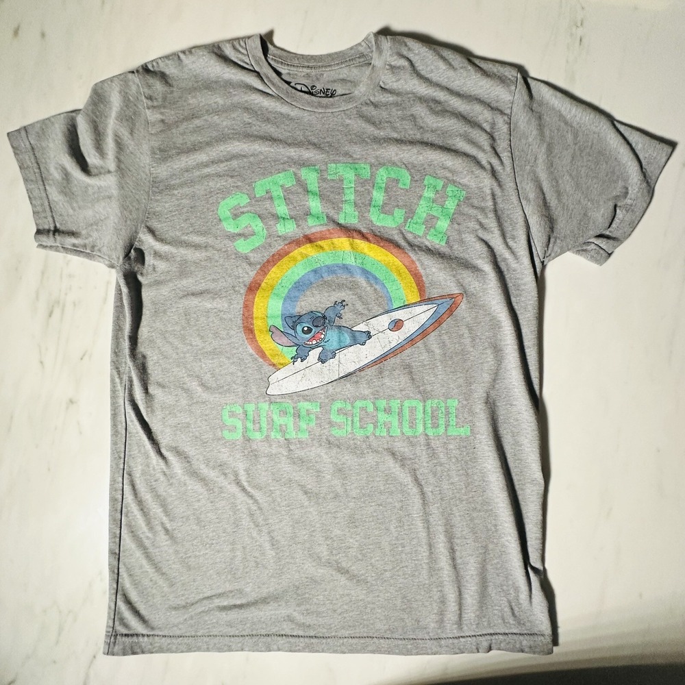 Disney Stitch Surf School Gray T-shirt - Men's Size Large  - Rainbow - Rare